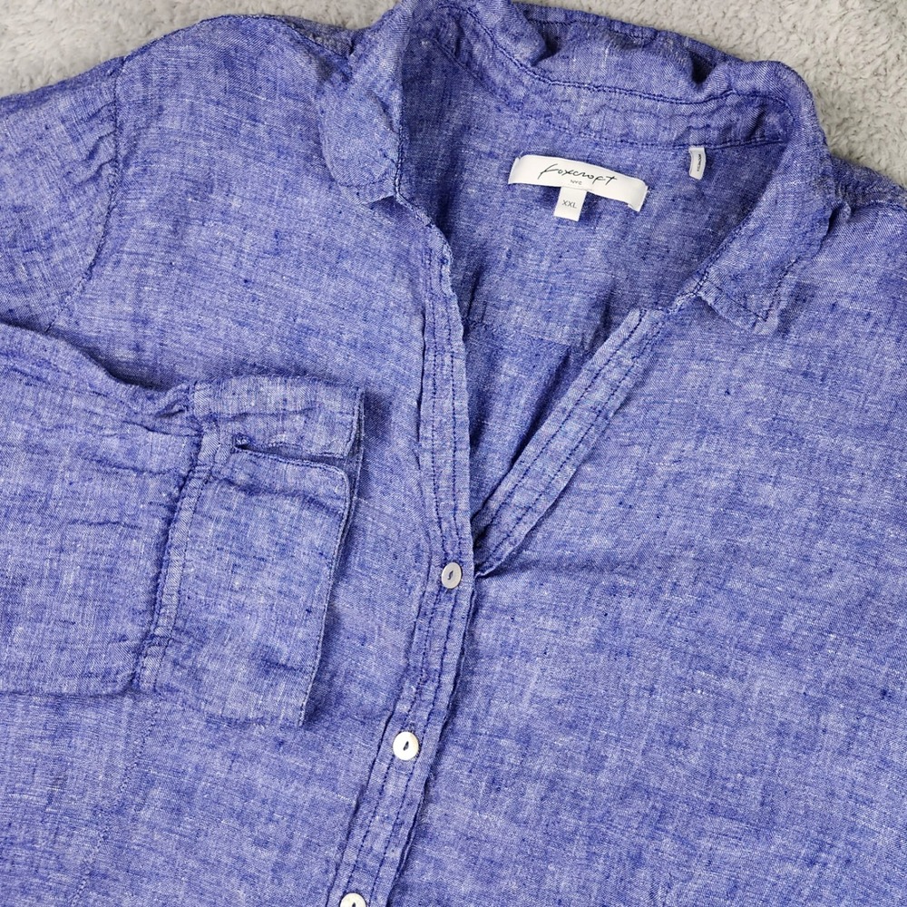Foxcroft NYC Women XXL Blue 100% Linen Button‎ Up Shirt 3/4 Sleeve Chambray Top